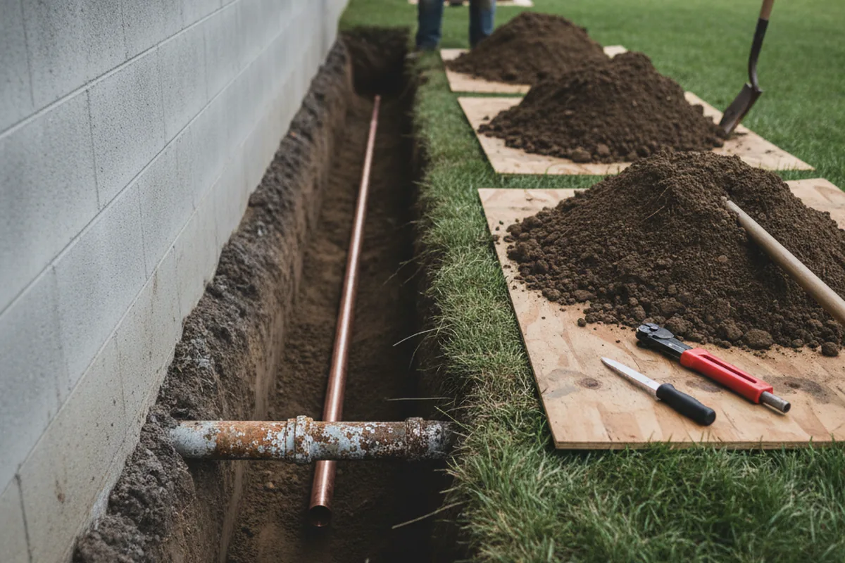 Excavated water line trench during Sewer Line Repair in Willernie